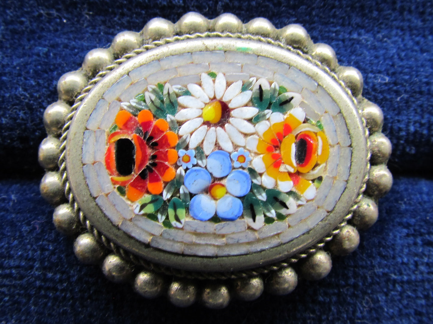 Italian Micro Mosaic Brooch on Silvered Back Marked Alpacca