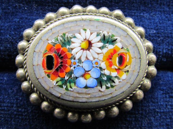 Italian Micro Mosaic Brooch on Silvered Back Marked Alpacca