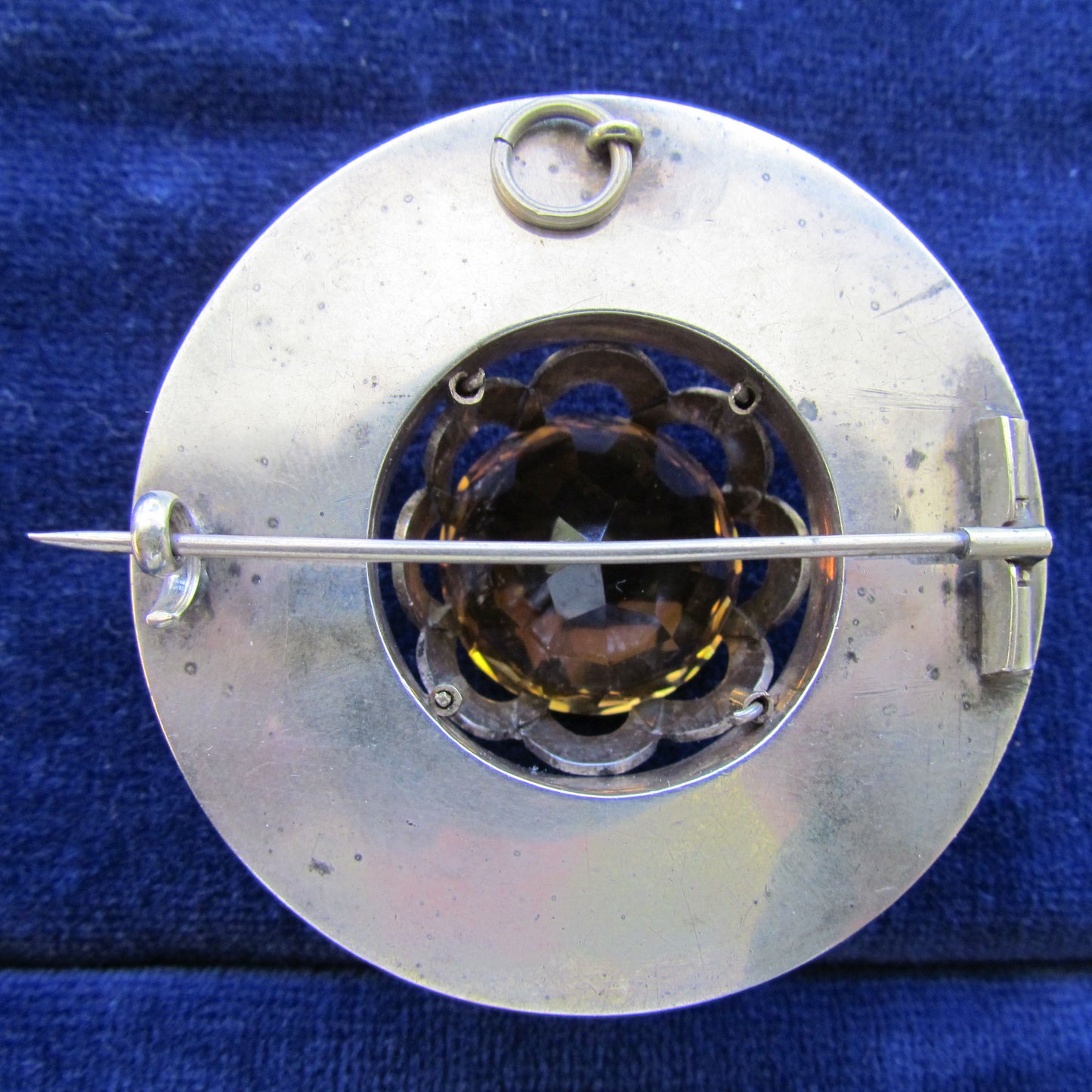 Silver Scottish Celtic Golden Citrine & Agate Brooch Scarf Pin Pendant c1860 Unmarked
