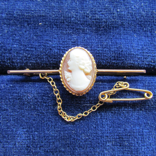 9ct Gold Cameo Bar Brooch With Safety Chain
