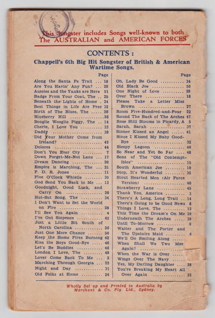 Chappell's Big Hit Songster 6th - British & American Wartime Songs