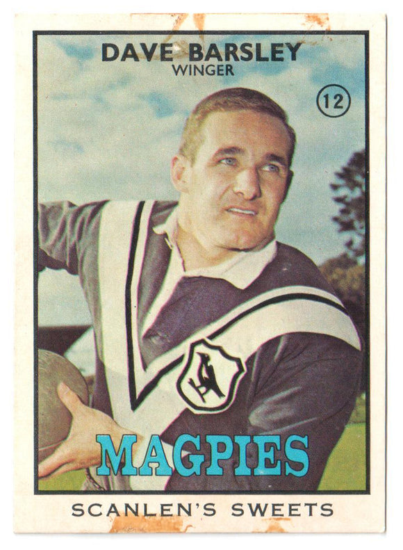 Scanlens Sweets 1968 NRL Football Card #12 - Dave Barsley - Magpies