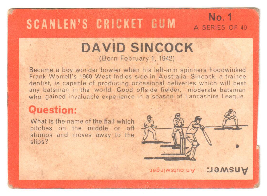 Scanlens 1965 Cricket Card #01 - David Sincock