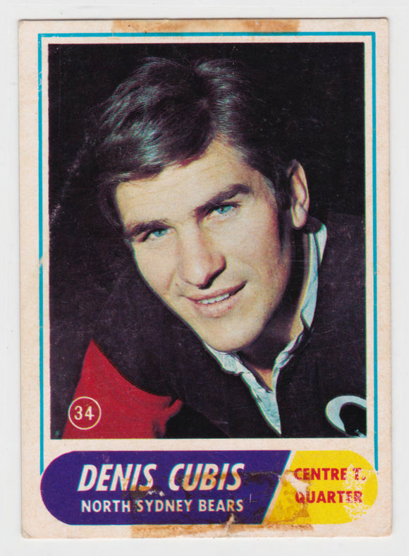 Scanlens 1969 A Grade NRL Football Card  #34 - Denis Cubis - North Sydney Bears