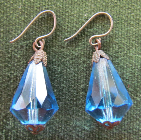 Blue Glass Faceted Drop Earrings For Pierced Ears