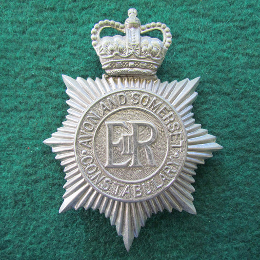English Avon And Somerset Constabulary Bright Police Helmet Plate Badge Queens Crown