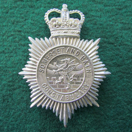 English Somerset And Bath Constabulary Bright Police Helmet Plate Badge Queens Crown