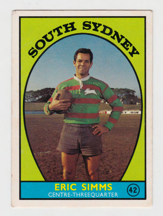 Scanlens 1968 A Grade NRL Football Card  #42 - Eric Simms - South Sydney