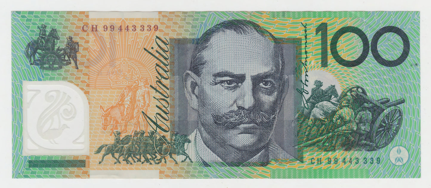 Australian 1999 100 Dollar Evans MacFarlane Polymer Banknote s/n CH 994433399 - Circulated