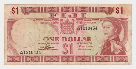 Fiji 1974 1 Dollar Banknote s/n Z/1210434