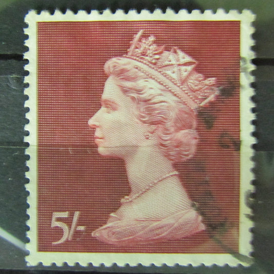 GB Great Britain England 5/- 5 Shilling Queen Elizabeth Medium Format Lake Stamp Cancelled