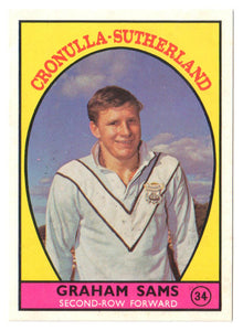 Scanlens 1968 A Grade NRL Football Card #34 - Graham Sams - Cronulla Sutherland