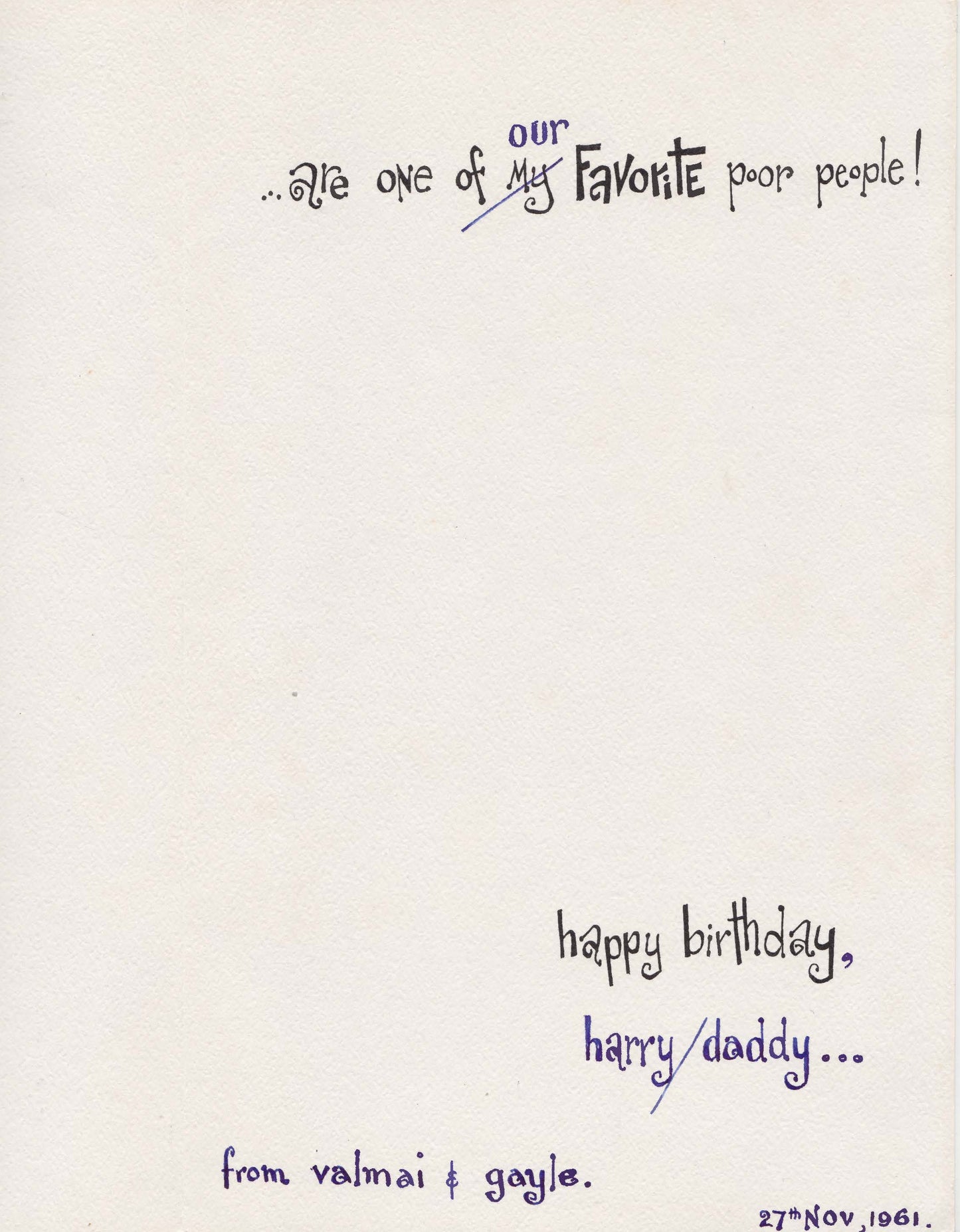 Harry Rogers Personal Birthday Card 1961
