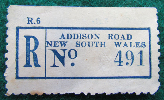 Registered Post Label Stamp Addison Road New South Wales Australia No 491