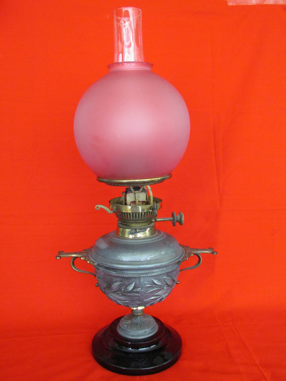 Victorian Pewter & Brass Duplex Burner Oil Lamp with Red Glass Shade