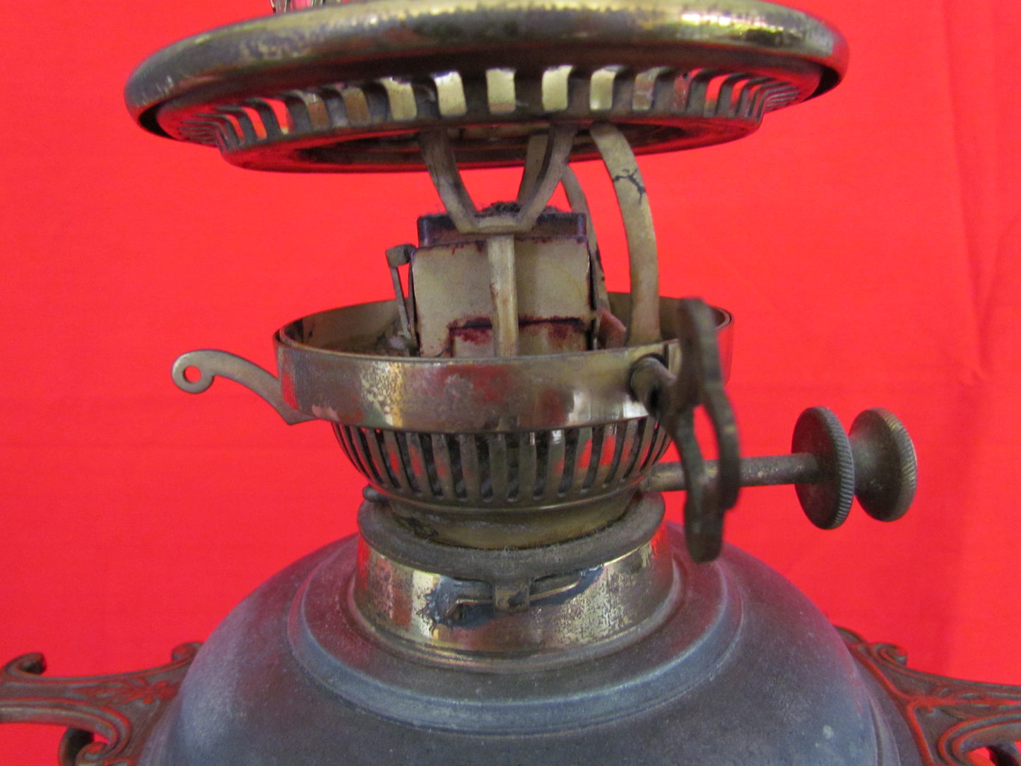 Victorian Pewter & Brass Duplex Burner Oil Lamp with Red Glass Shade