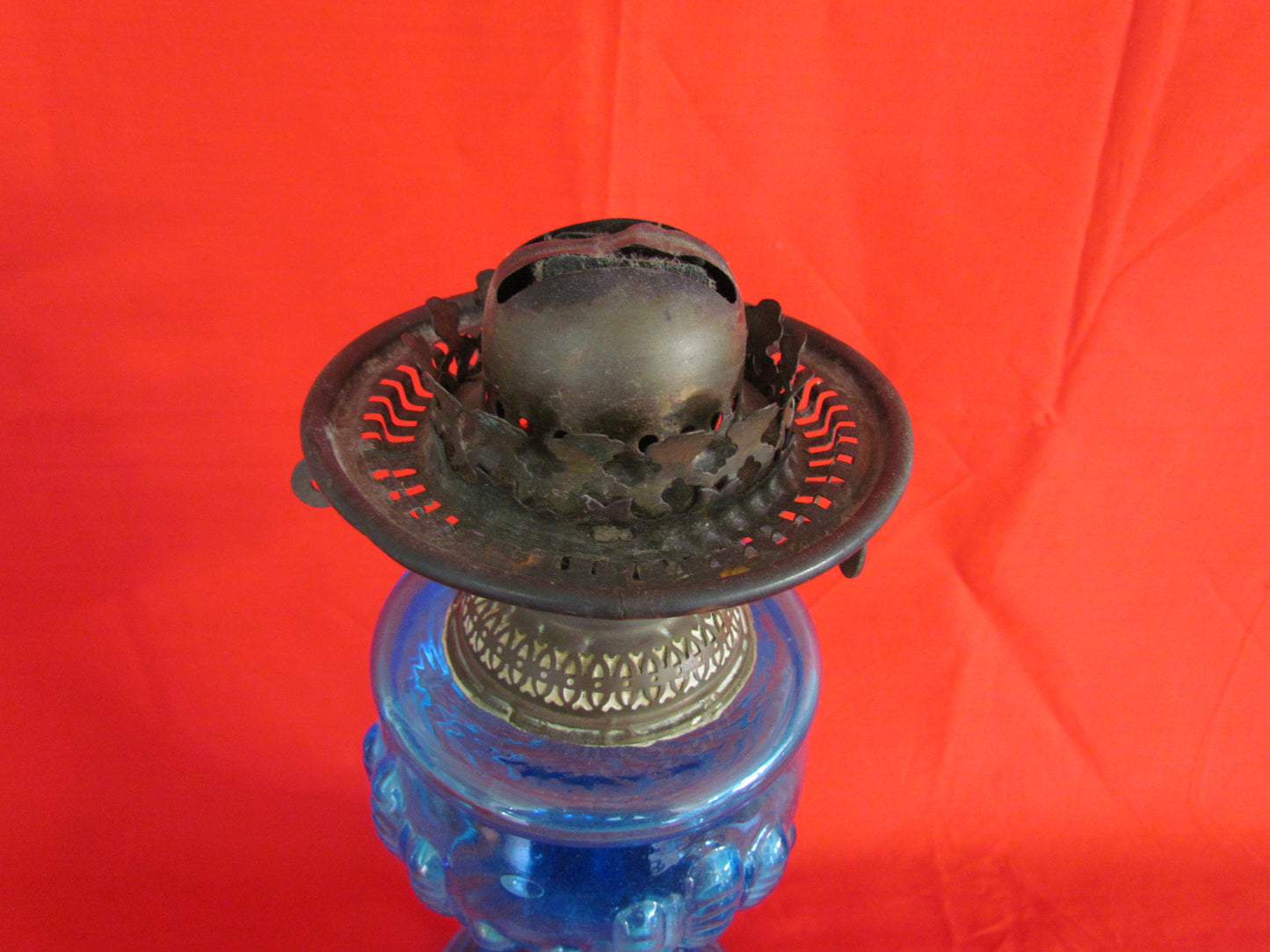 Victorian Blue Glass Duplex Burner Oil Lamp With Clear Glass Etched Shade