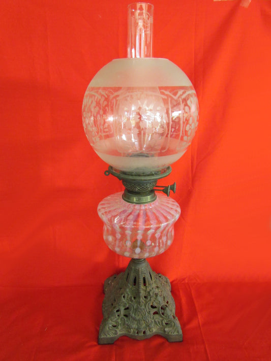 Victorian Cast Iron Duplex Burner Oil Lamp With Pink Vaseline Font And Clear Etched Glass Shade