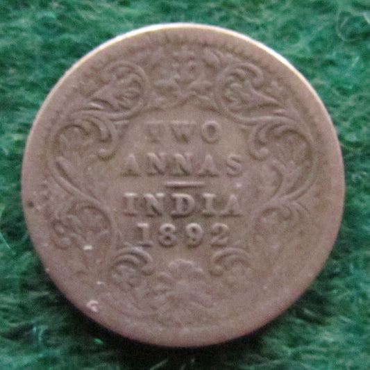 India 1892 Two 2 Annas Coin Queen Victoria