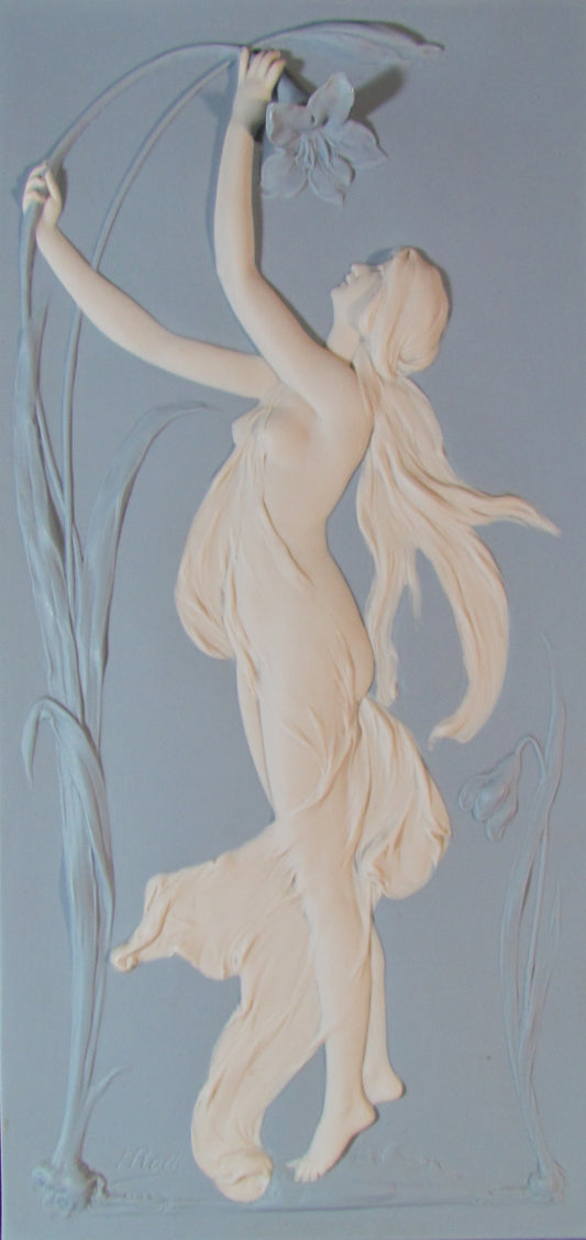 Dresden Jasper Ware Plaque In An Art Nouveau Theme With A Girl Admiring A Flower signed H Rock