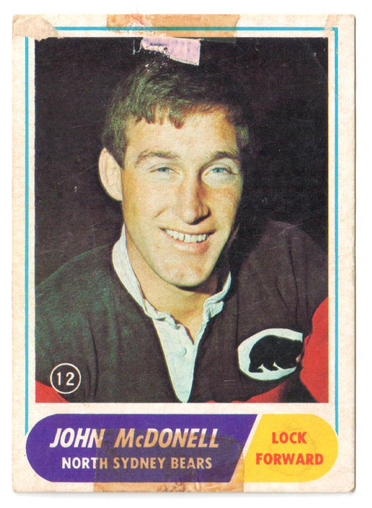Scanlens 1969 A Grade NRL Football Card  #12 - John McDonnell - North Sydney Bears