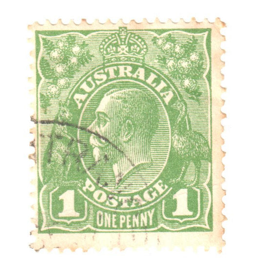 Australian 1 Penny Green KGV King George V Stamp - Type 6 C of A Reverse Watermark