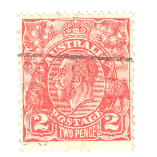 Australian 2 Penny Red King George V Stamp  - Type 6 Reverse C of A Watermark