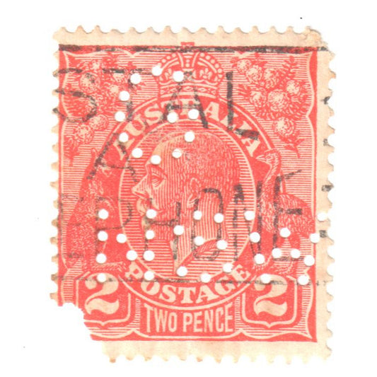 Australian 2 Penny Red King George V Stamp  - Perforated G NSW