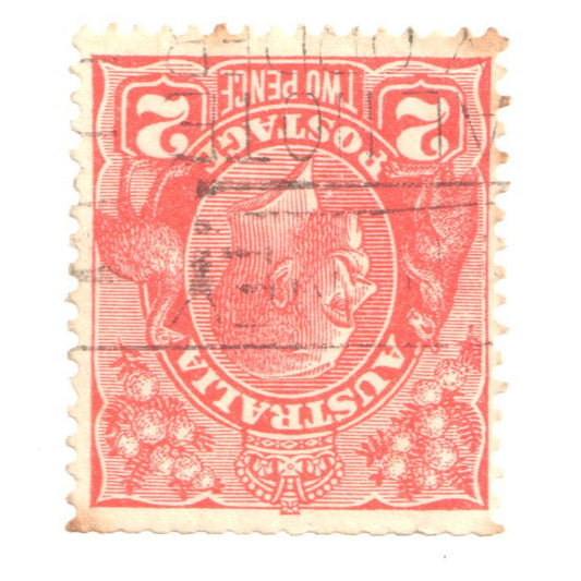Australian 2 Penny Red King George V Stamp  - Type 6 Reverserd C of A Watermark Upside Down