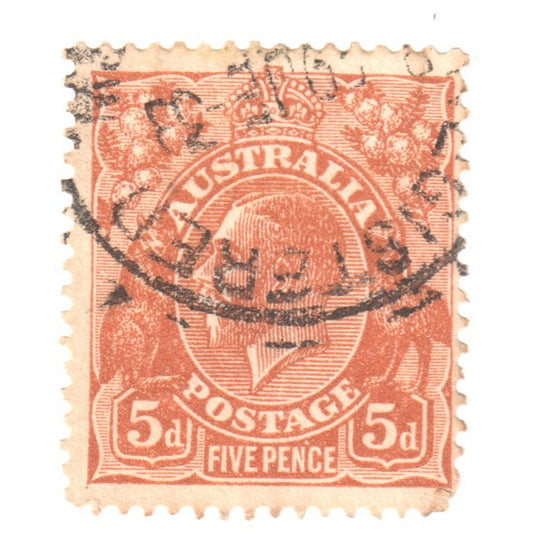 Australian 5 Penny Brown KGV King George V Stamp - Type 6 Reverse C of A Watermark