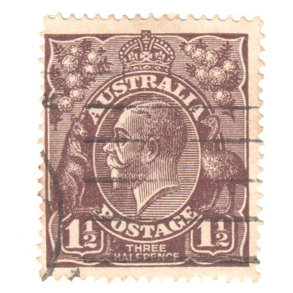 Australian 1 1/2 Penny Black/Brown KGV King George V Stamp - Type 2 Second Watermark