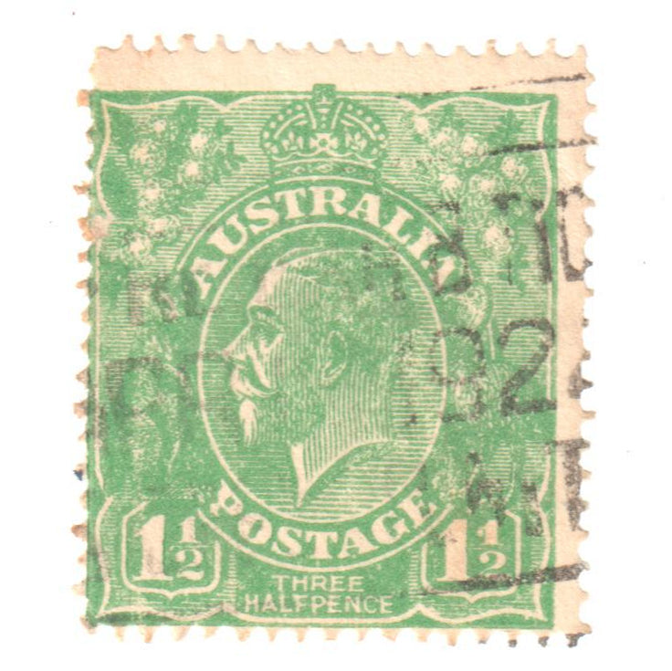 Australian 1 1/2 Penny Green KGV King George V Stamp - Type 2 Second Watermark