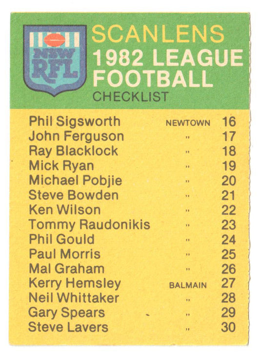 Scanlens 1982 NSW RFL Football Card 156 of 180 With Checklist - Kerry Boustead - Easts