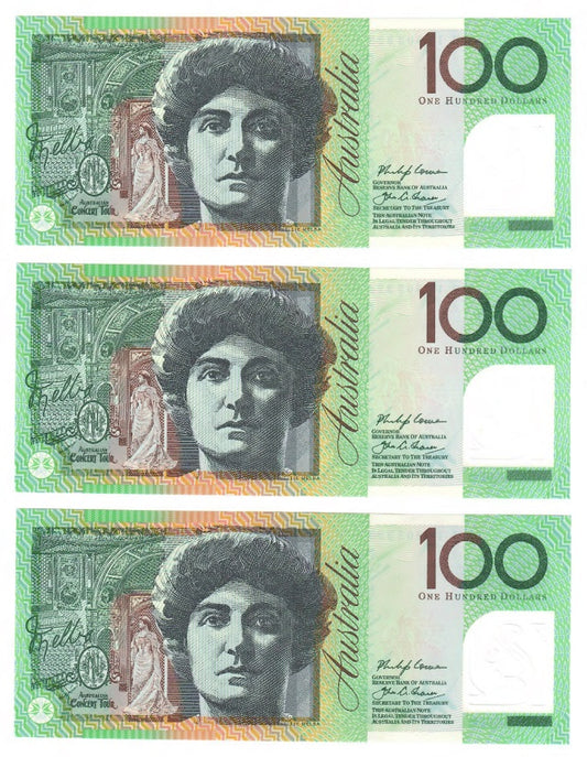 Australian 2017 100 Dollar Lowe Fraser Polymer Banknote Run of 3 s/n FG17803323-5 - Uncirculated