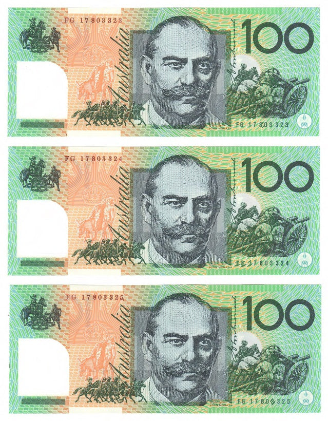 Australian 2017 100 Dollar Lowe Fraser Polymer Banknote Run of 3 s/n FG17803323-5 - Uncirculated