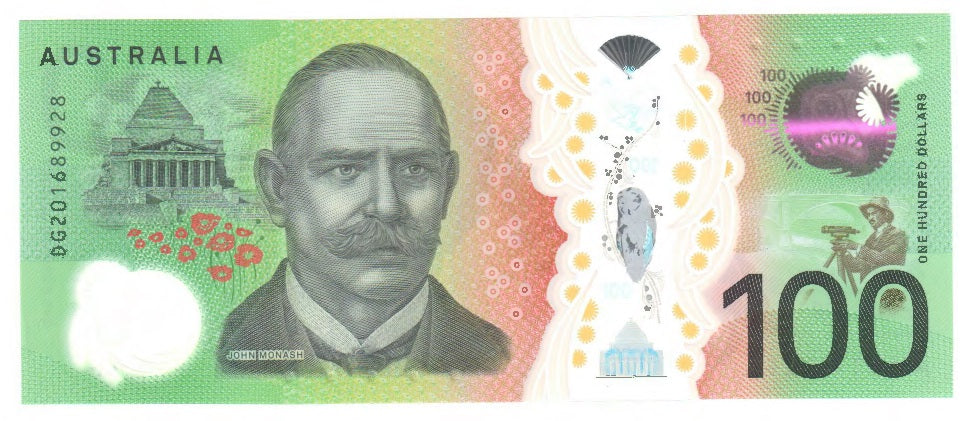 Australian 2020 100 Dollar Lowe Kennedy Polymer Banknote s/n DG201689928 - Circulated