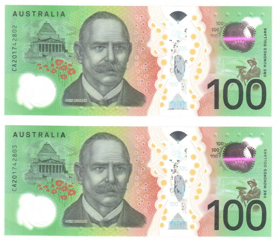 Australian 2020 100 Dollar Lowe Kennedy Polymer Banknote s/n Pair CA201742802-3 - Uncirculated