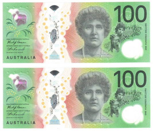 Australian 2020 100 Dollar Lowe Kennedy Polymer Banknote s/n Pair CA201742802-3 - Uncirculated