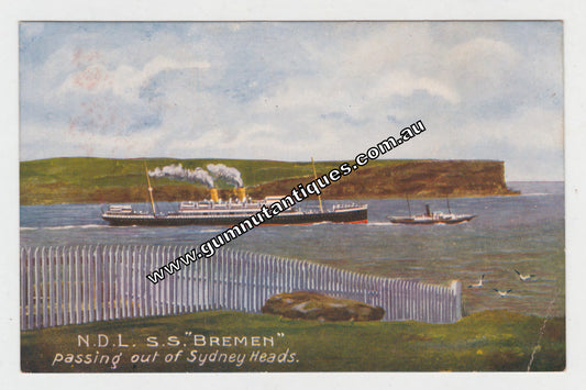 Postcard NDL SS " Bremen " Passing Out Of Sydney Heads c1907