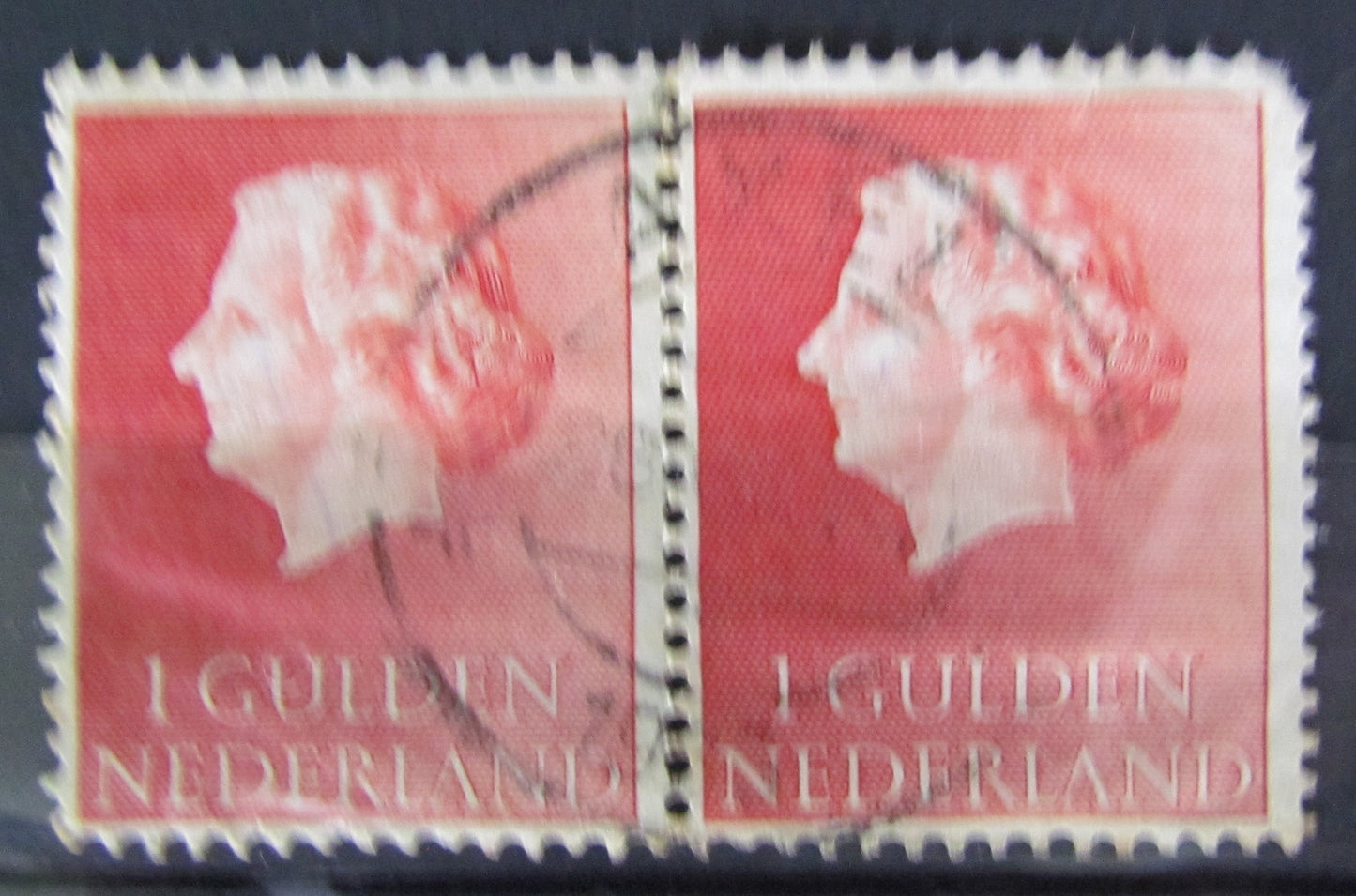 Dutch Netherlands 1953 1 Gulden Queen Juliana Large Format Strip Of Stamps (2) Cancelled