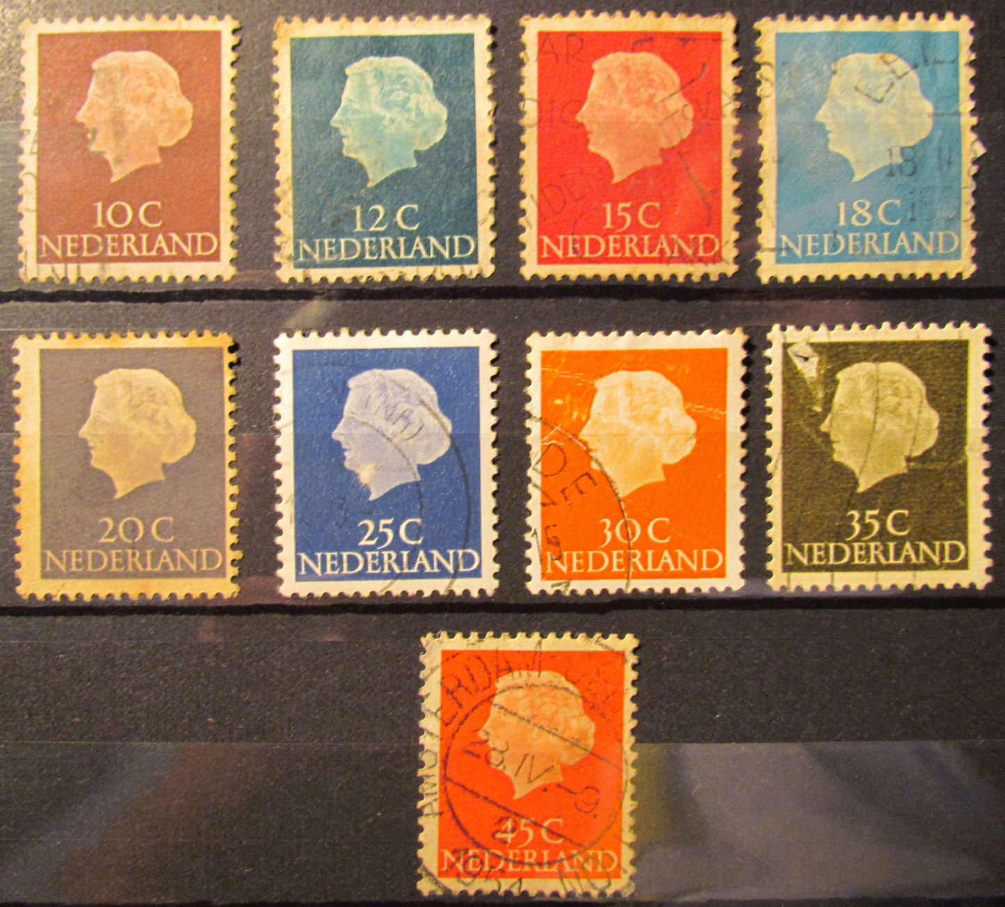 Dutch Netherlands 1953 Queen Juliana Group Of Stamps (9) Cancelled