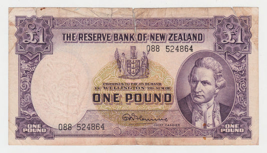 New Zealand 1956 - 1967 1 Pound Note (No Thread) s/n 088 524864