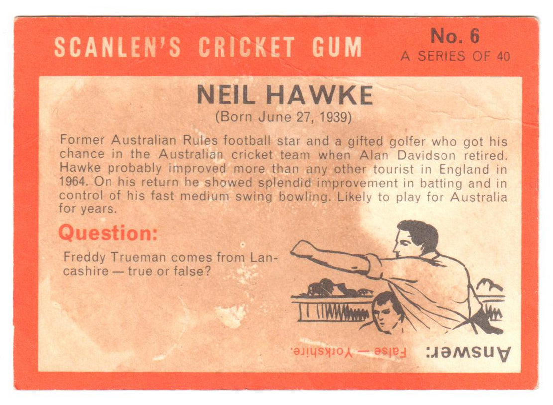 Scanlens 1965 Cricket Card #06 - Neil Hawke