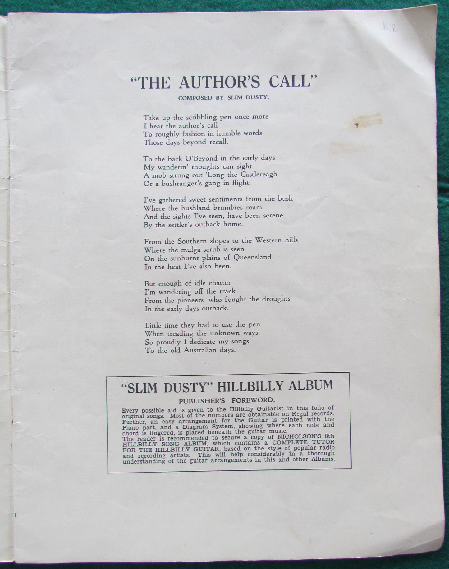 Nicholson's 9th Hillbilly Song Album Featuring Slim Dusty 1947