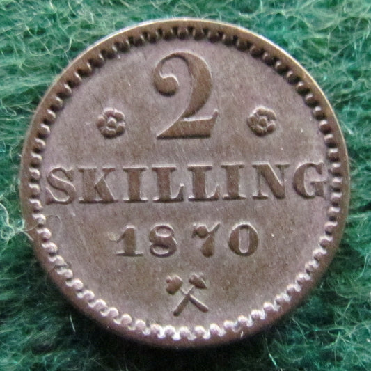Norway 1870 2 Skilling King Karl IV Coin