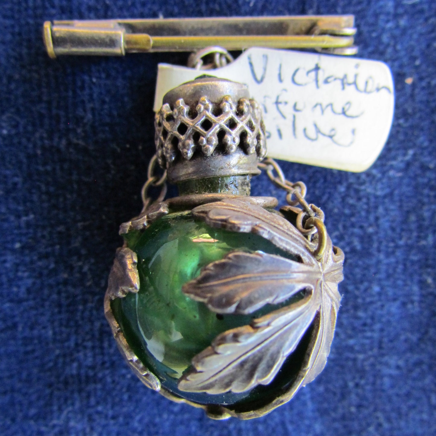 Unmarked Silver Green Cased Perfume Scented Oil Bottle Suspended From A Bar Brooch