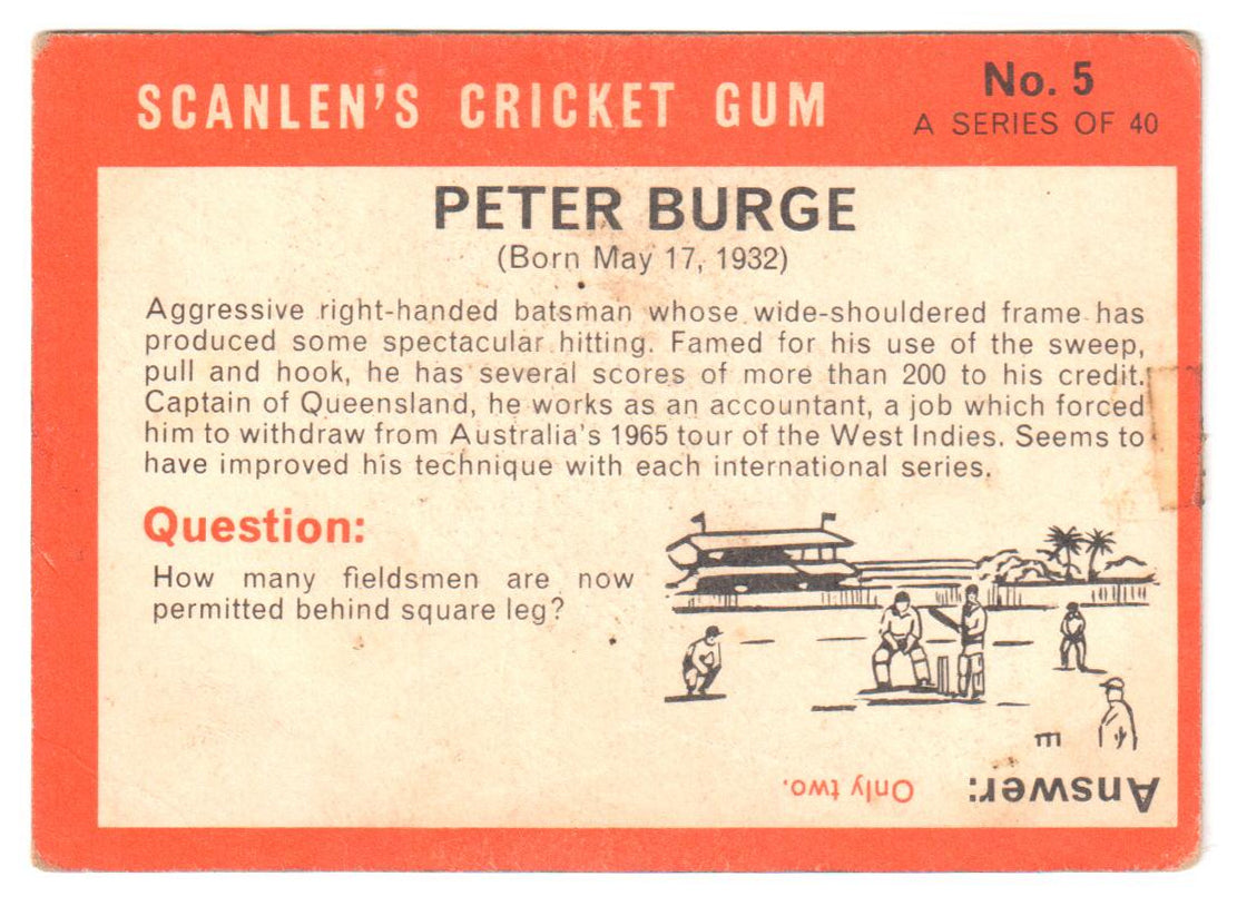 Scanlens 1965 Cricket Card #05 - Peter Burge