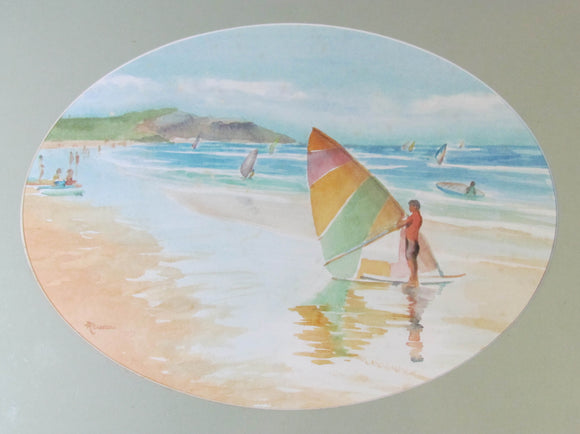 D Robson Watercolour Of Sailboarders At The Beach