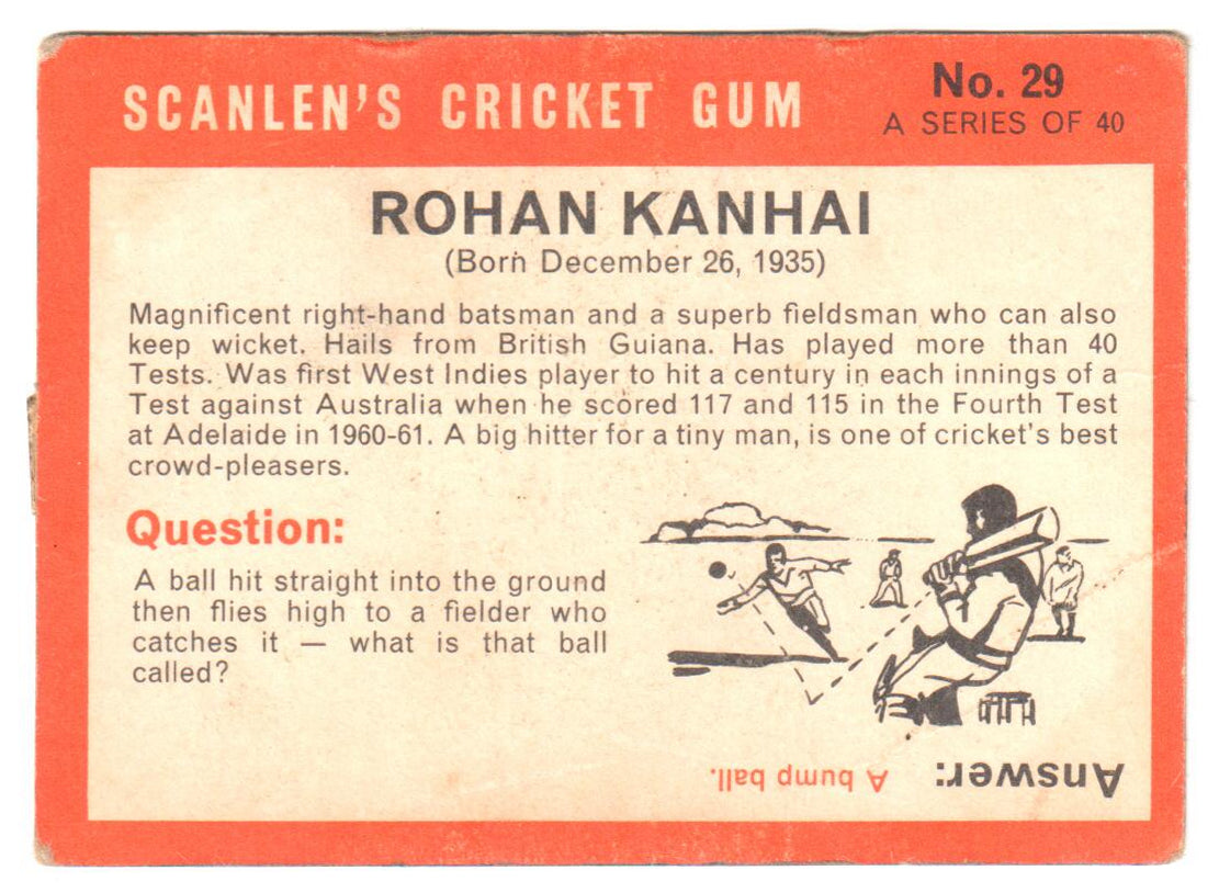 Scanlens 1965 Cricket Card #29 - Rohan Kanhai