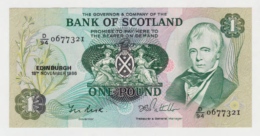 Scotish Bank Of Scotland 1 Pound Note 1986 s/n D/94 0677321